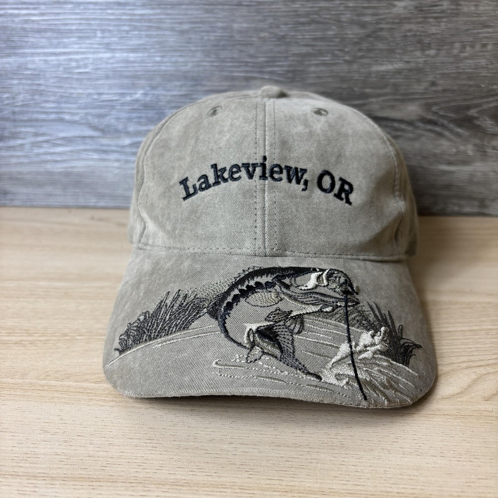Lakeview Oregon Hat Cap Strap Back Khaki Embroidered Bass Fishing Souvenir Mens